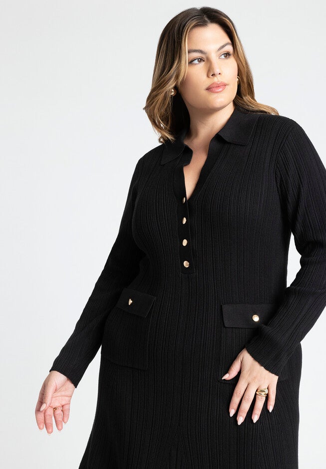 Pocket Detail Midi Dress With Collar, BLACK ONYX, alternate image number null