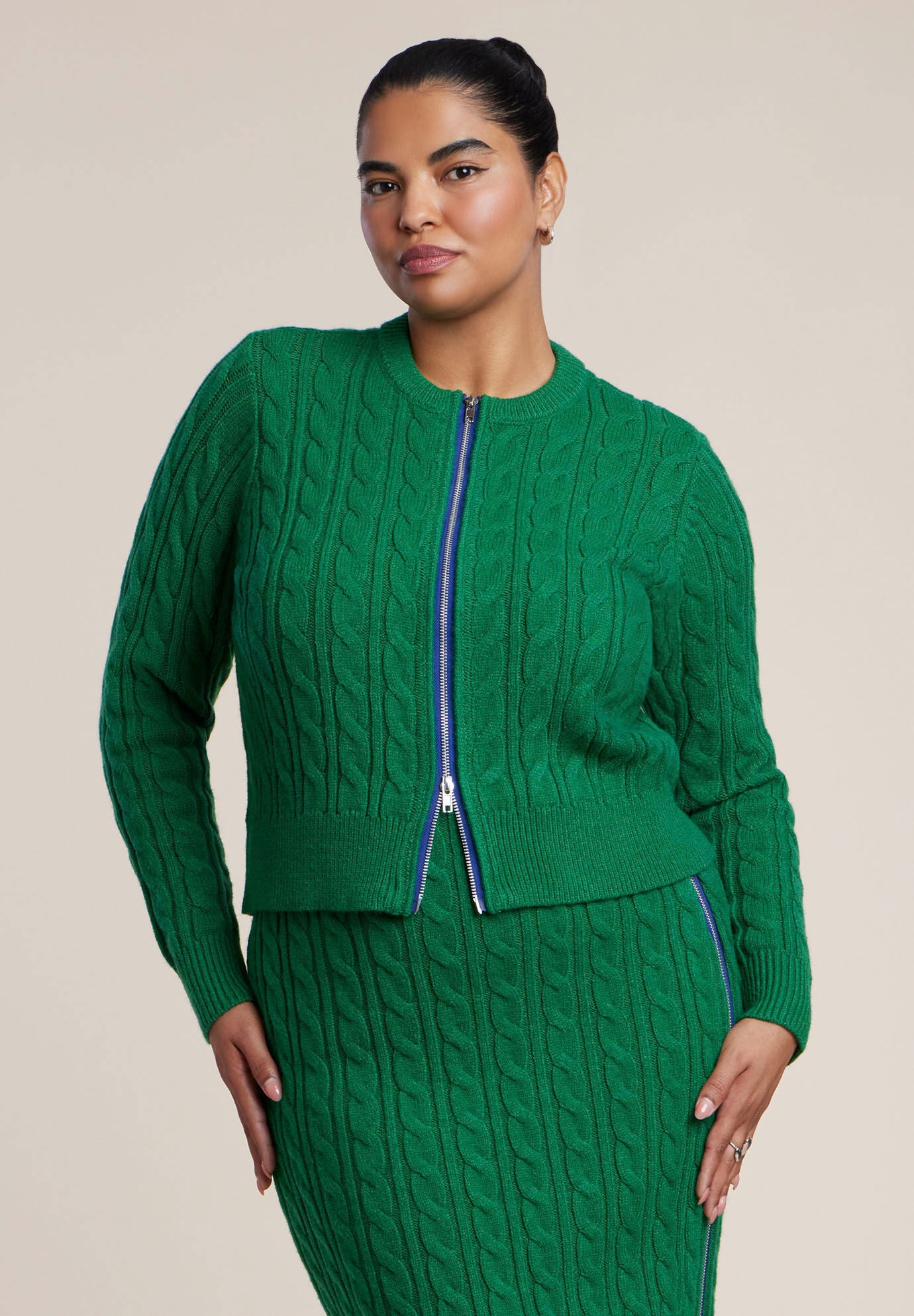 Contrast Zipper Cable Knit Cardigan
