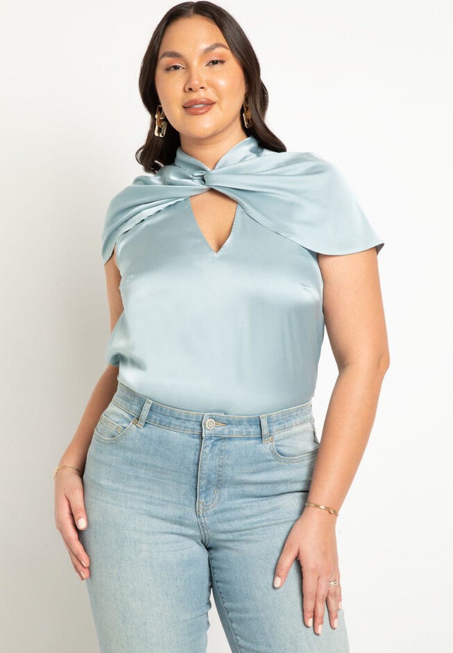Twist Neckline Satin Blouse, STRATOSPHERE, hi-res image number null