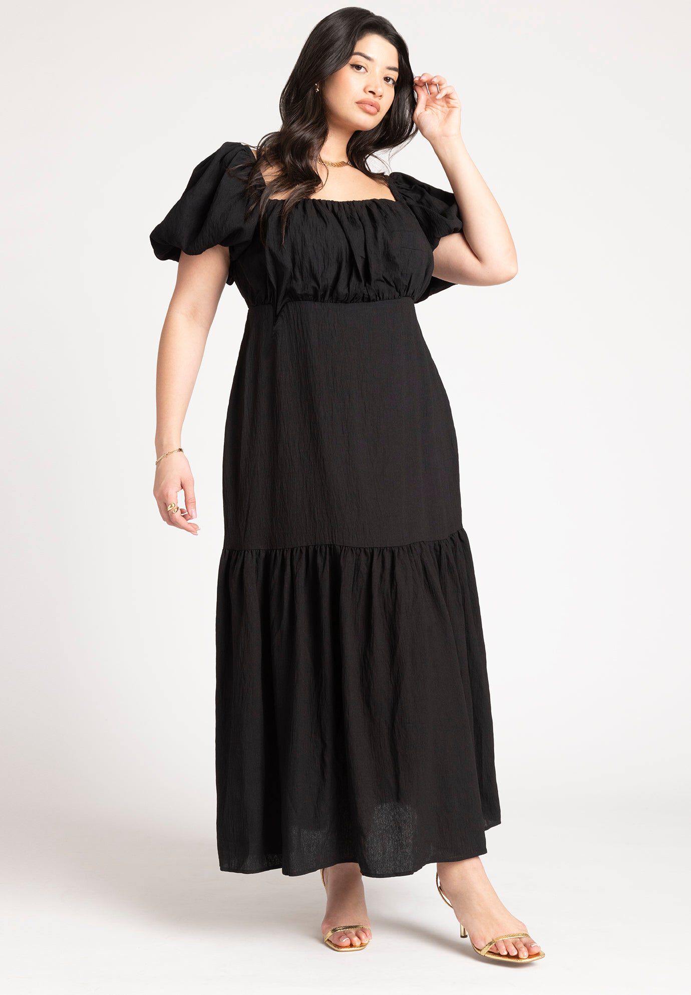 Puff Sleeve Tiered Dress Maxi Length, Black Onyx ELOQUII