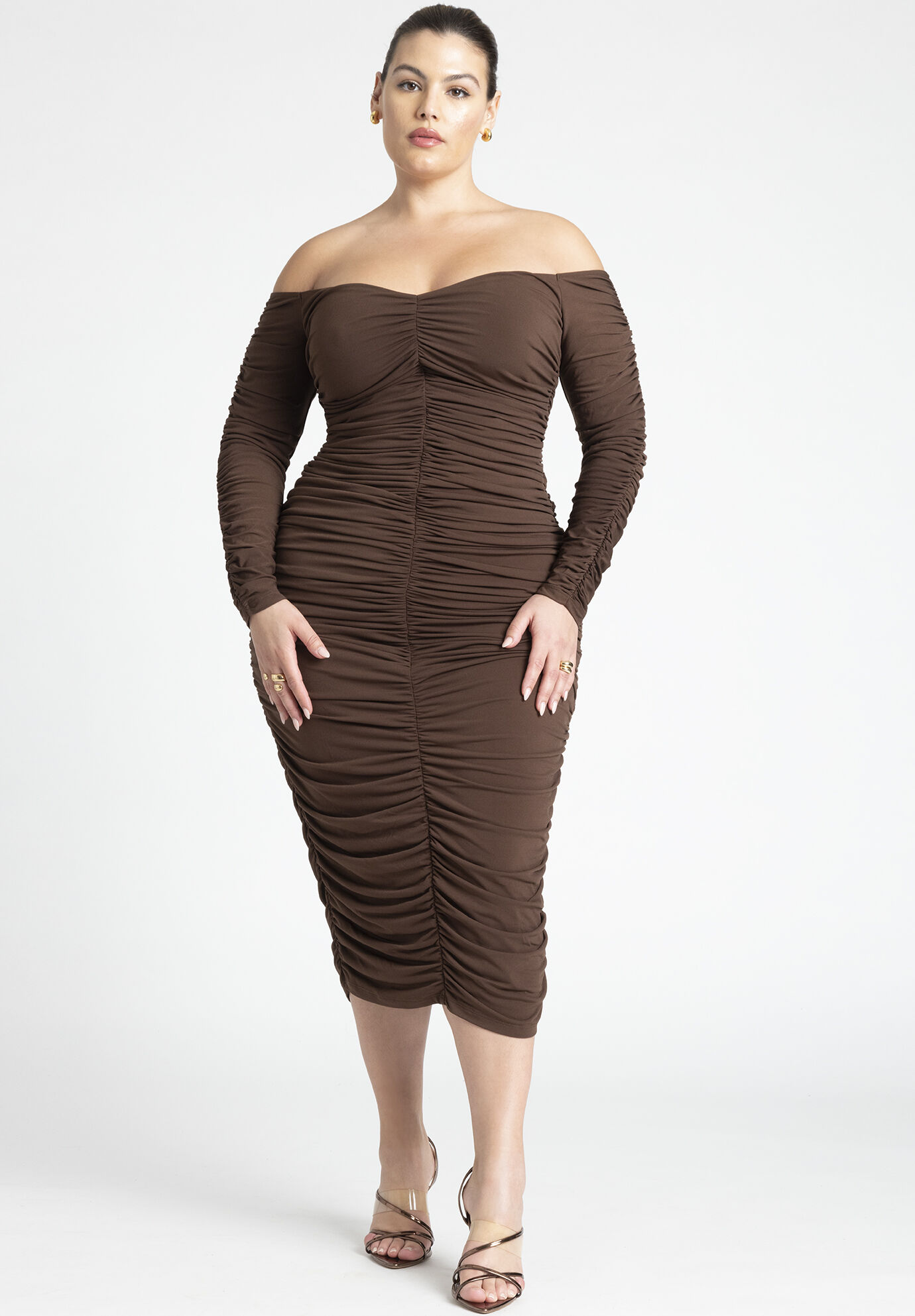 Plus Size Sweetheart Raglan Sleeves Off the Shoulder Shirred Back Zipper Fitted Ruched Midi Dress