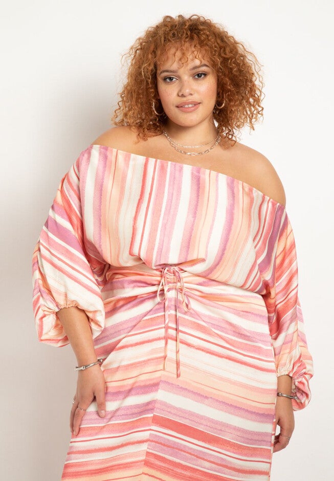 Off The Shoulder Poet Sleeve Blouse, SUNSET STRIPE, hi-res image number null