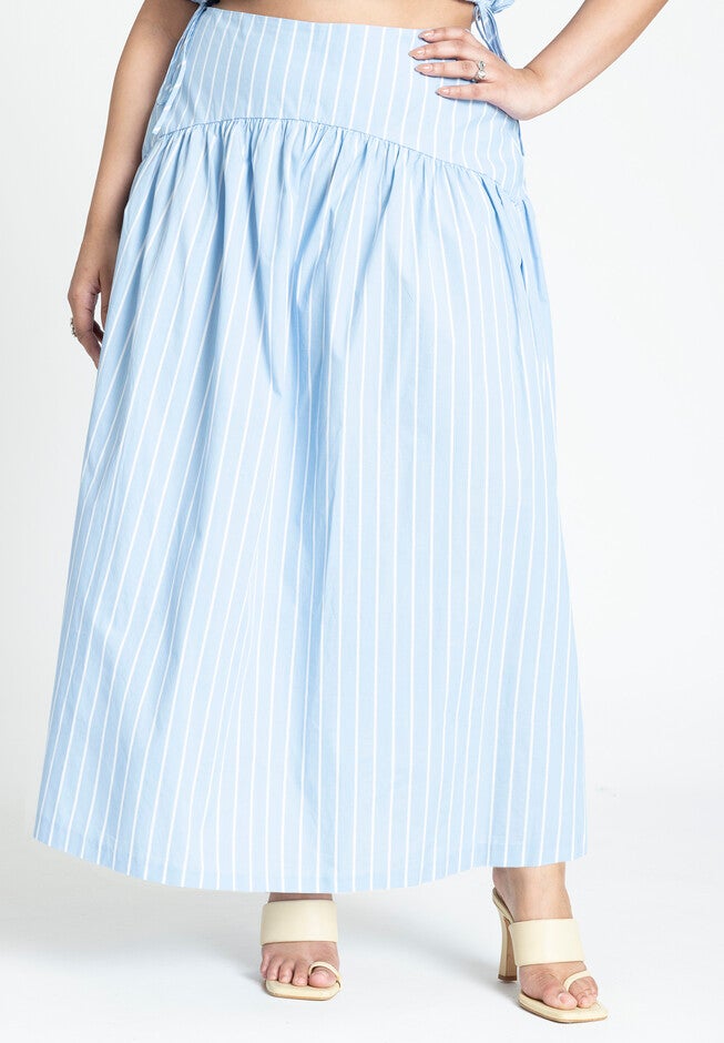 Striped Poplin Skirt With Yoke, BLUE WHITE STRIPE, on-hover image number null