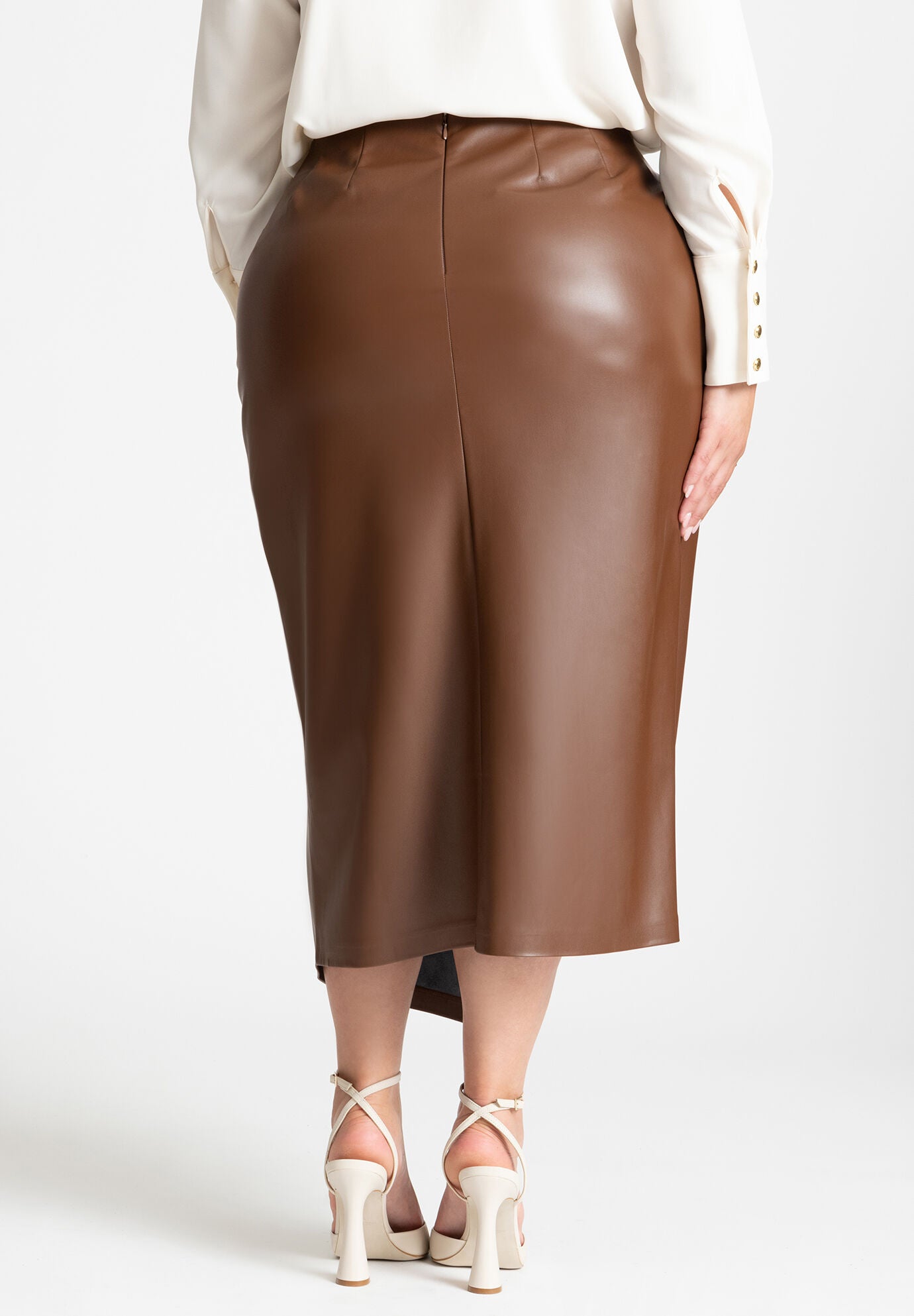 Wrap Front Faux Leather Midi Skirt | Eloquii