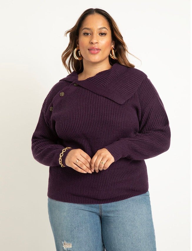 Asym Button Collar Sweater, BLACKBERRY CORDIAL, hi-res image number null