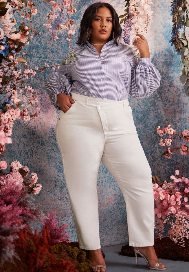 ELOQUII Elements Overlap Waist Jean, WHITE DENIM, hi-res image number null