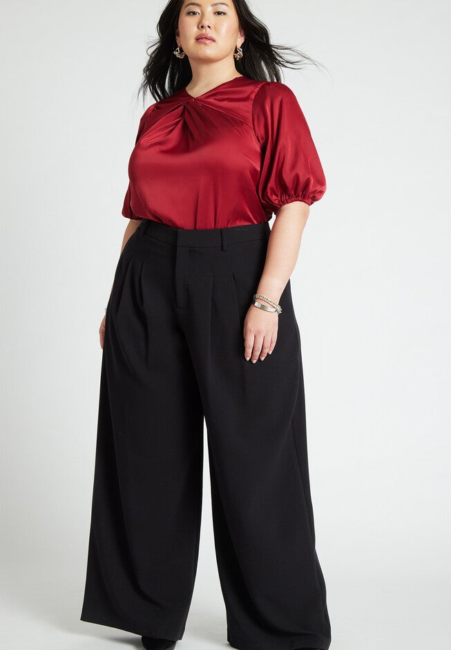 Twist Neck Puff Sleeve Satin Blouse, TIBETAN RED, alternate image number null