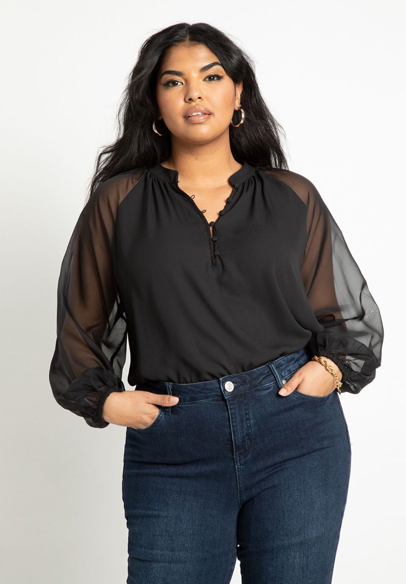 全ての Raglan Sheer Sleeve Eloquii | 4476934 Shirring, with Blouse トップス