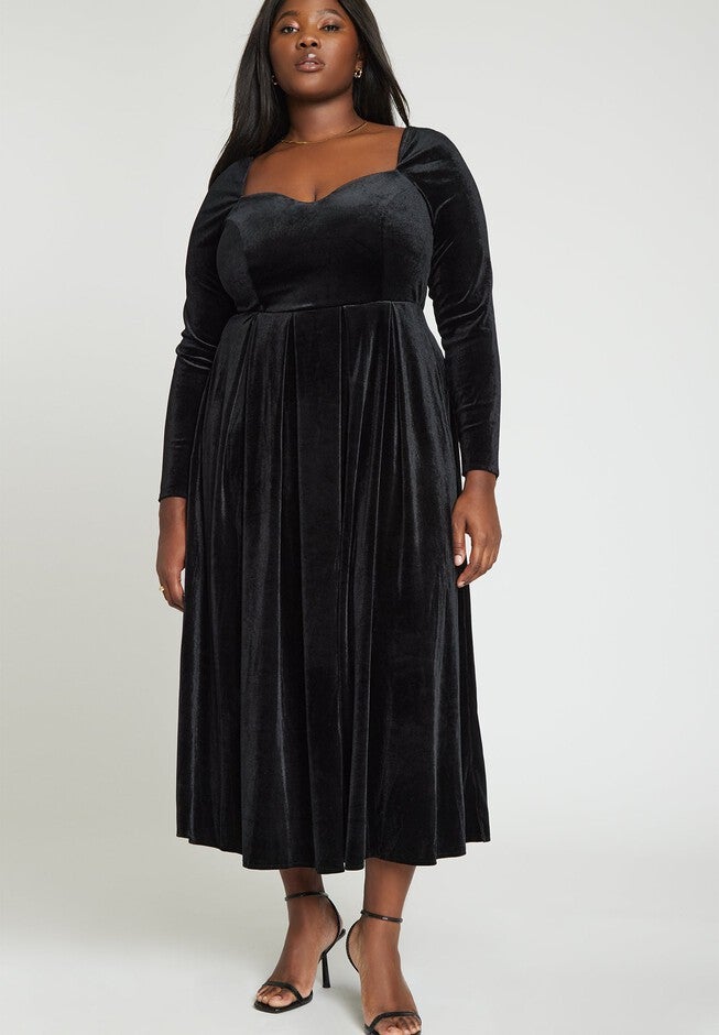 Velvet Sweetheart Neckline Midi Dress, Black Onyx | ELOQUII Velvet Sweetheart Neckline Midi Dress, Black Onyx | ELOQUII