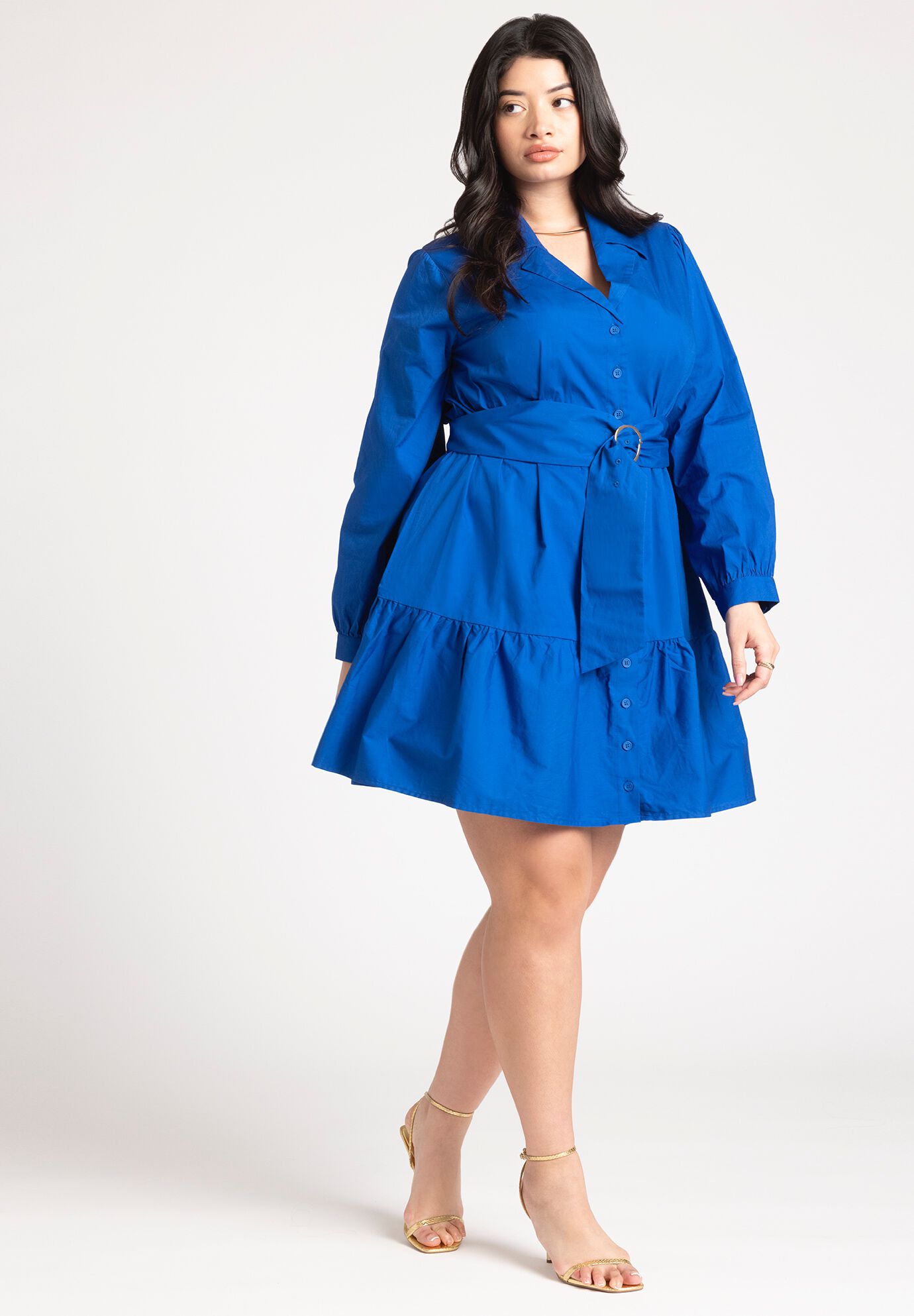 Plus Size Belted Puff Sleeves Sleeves Dropped Shoulder Short Shirt Dress