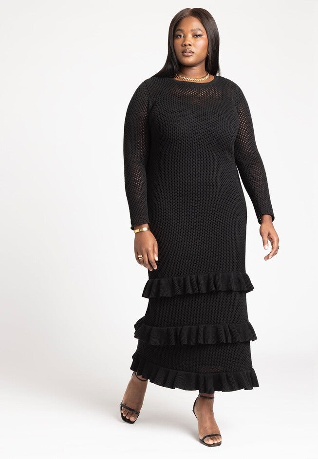 Crochet Open Stitch Ruffle Maxi Dress, Black Onyx | ELOQUII Crochet Open Stitch Ruffle Maxi Dress, Black Onyx | ELOQUII