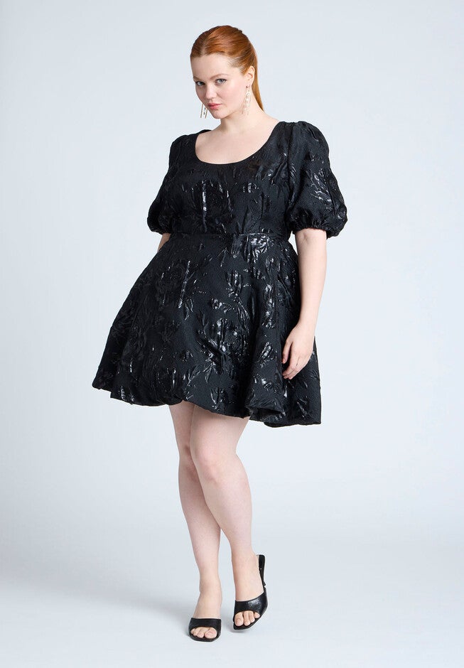 Balloon Skirt Brocade Mini Dress, BLACK ONYX, on-hover image number 1