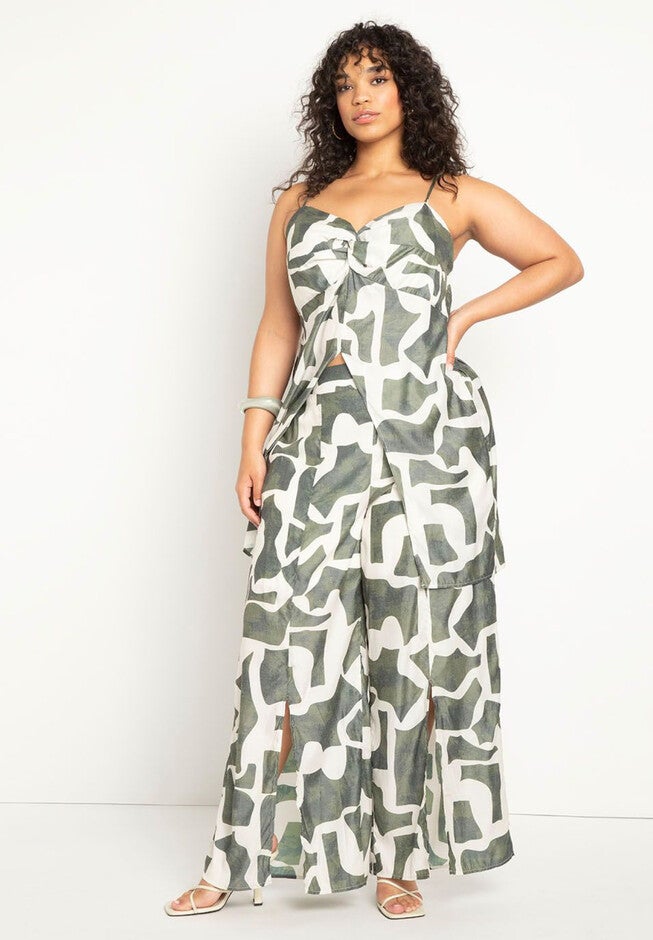 Pull On Wide Leg Pant with Slit Hem, SAND BLOCKS - GREEN, hi-res image number null
