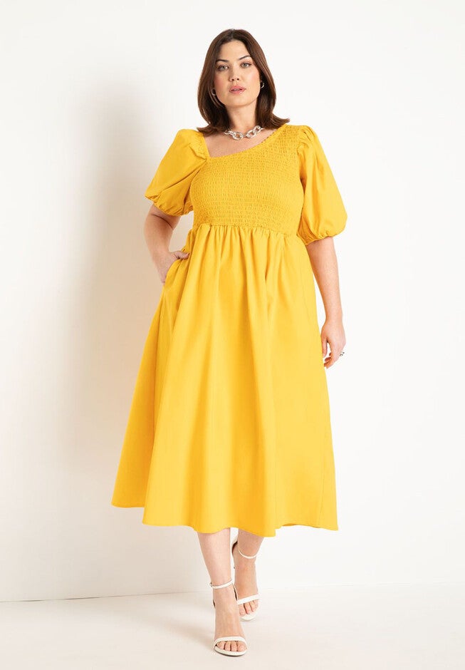Smocked Bodice Asym Neck Dress, OLD GOLD, hi-res image number null