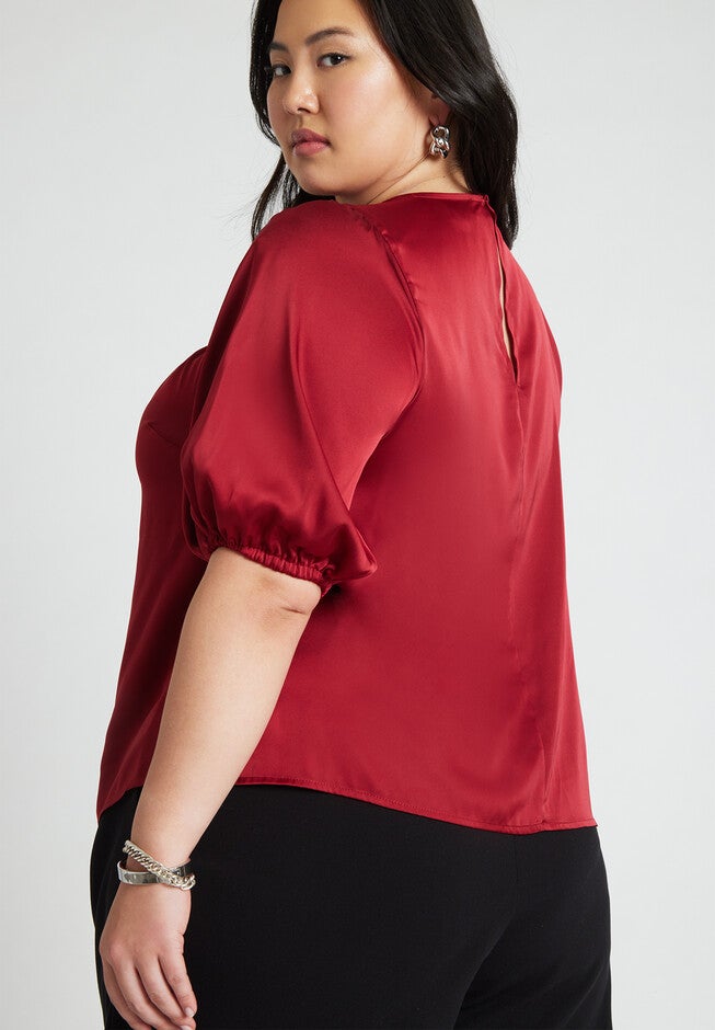 Twist Neck Puff Sleeve Satin Blouse, TIBETAN RED, on-hover image number null