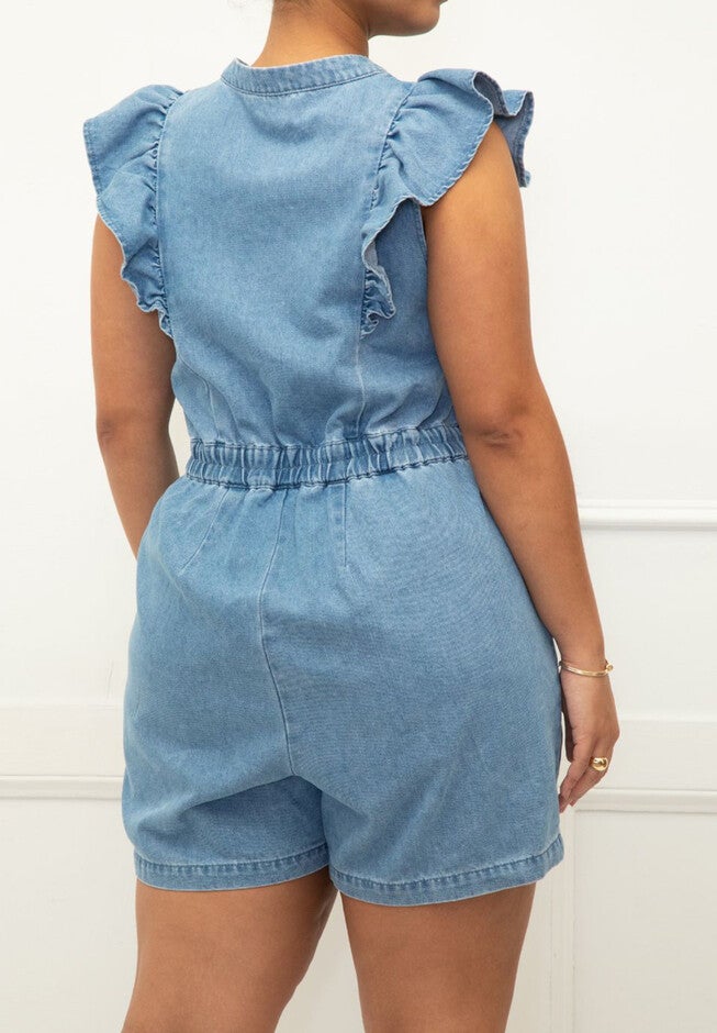 ELOQUII Elements Chambray Flutter Sleeve Romper, , alternate image number null