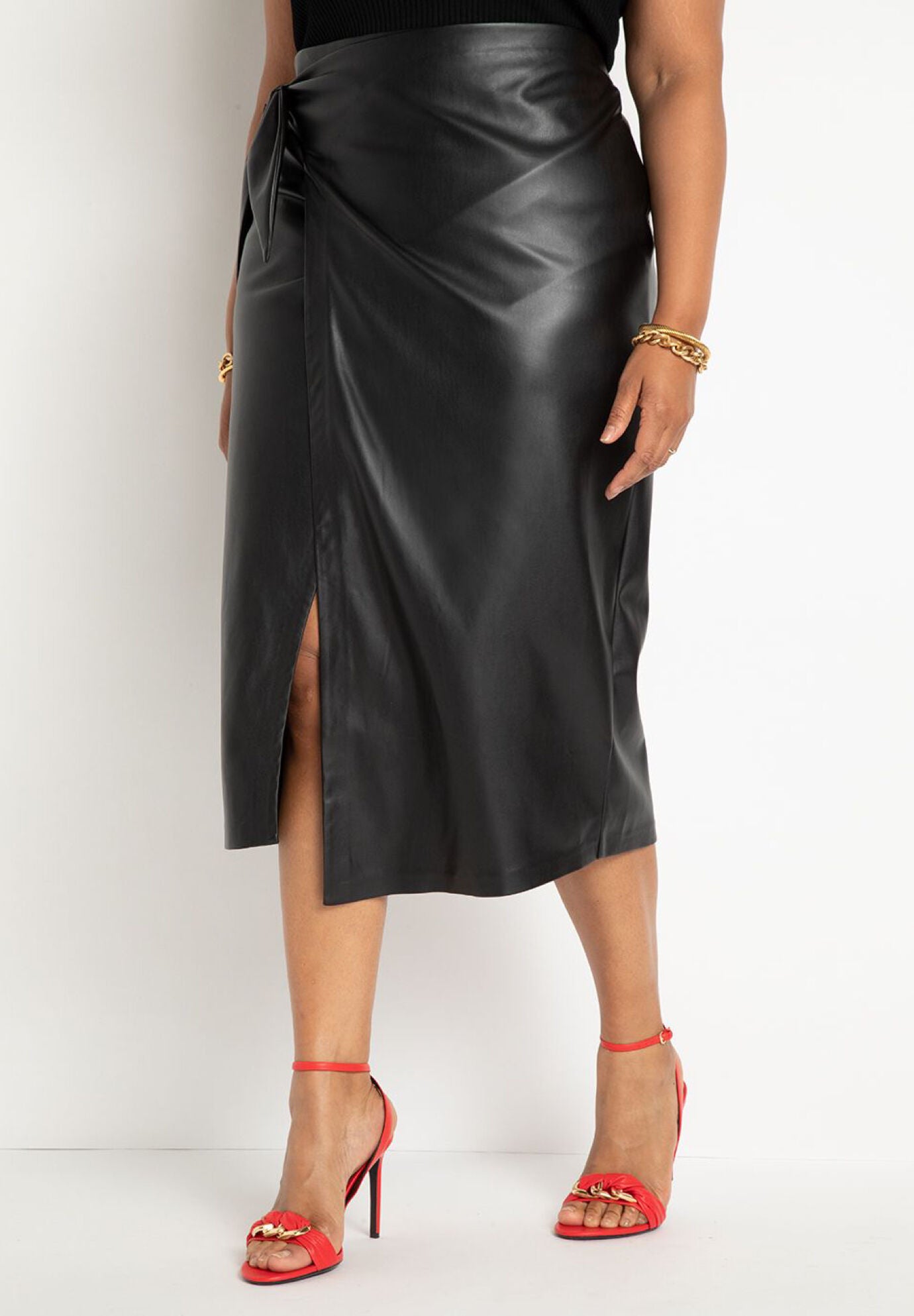 Draped Faux Leather Midi Skirt