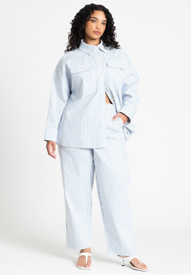 Yarn Dye Striped Shacket for Women, Blue White Stripe | Eloquii