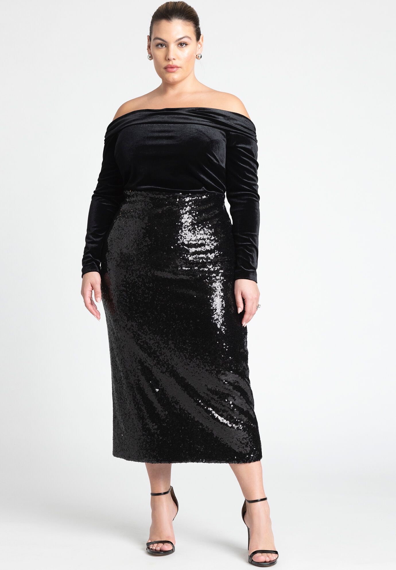 Plus Size Long Sleeves Off the Shoulder Sequined Mesh Fitted Dress