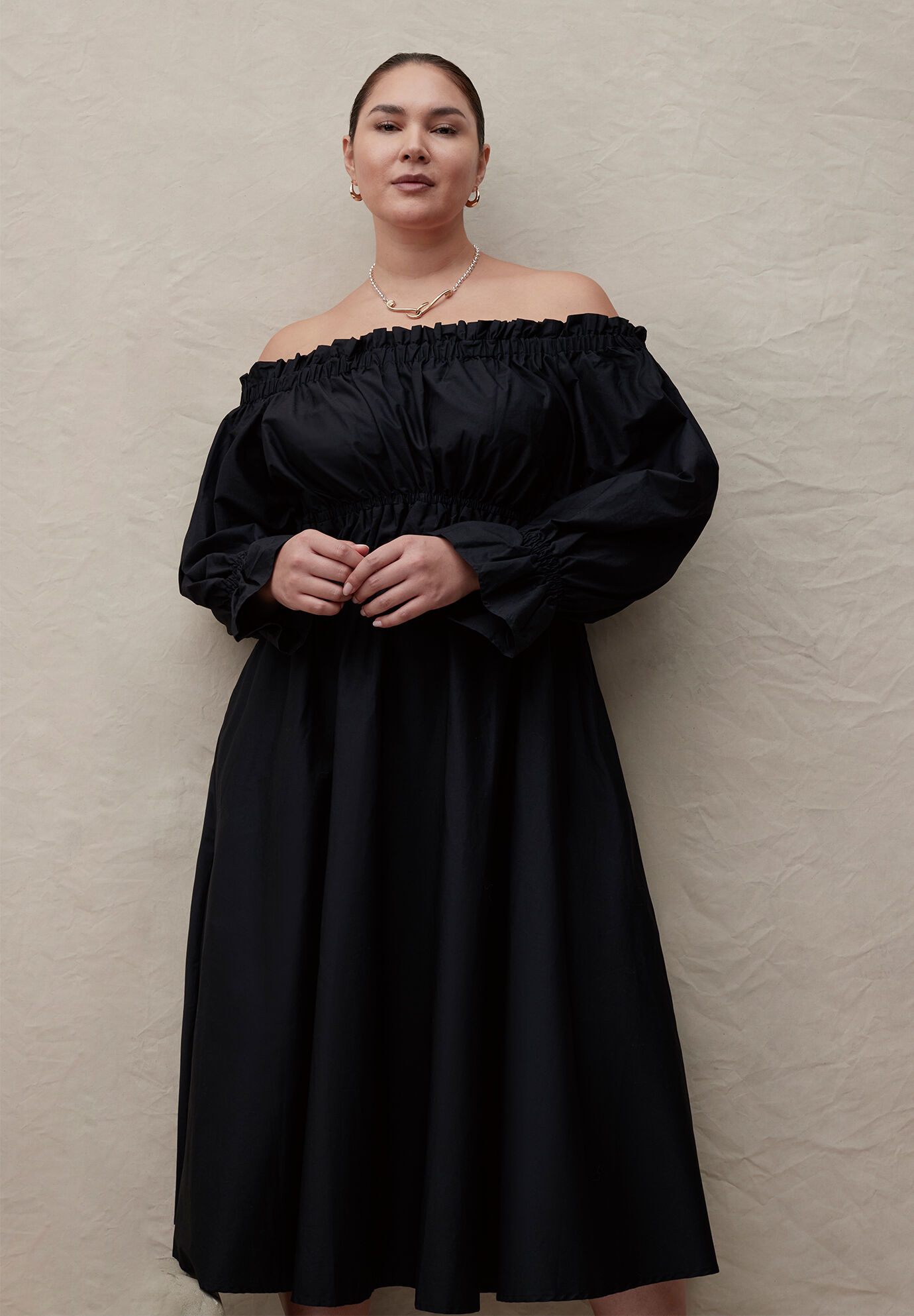 Plus Size Long Sleeves Off the Shoulder Cotton Maxi Dress With Ruffles