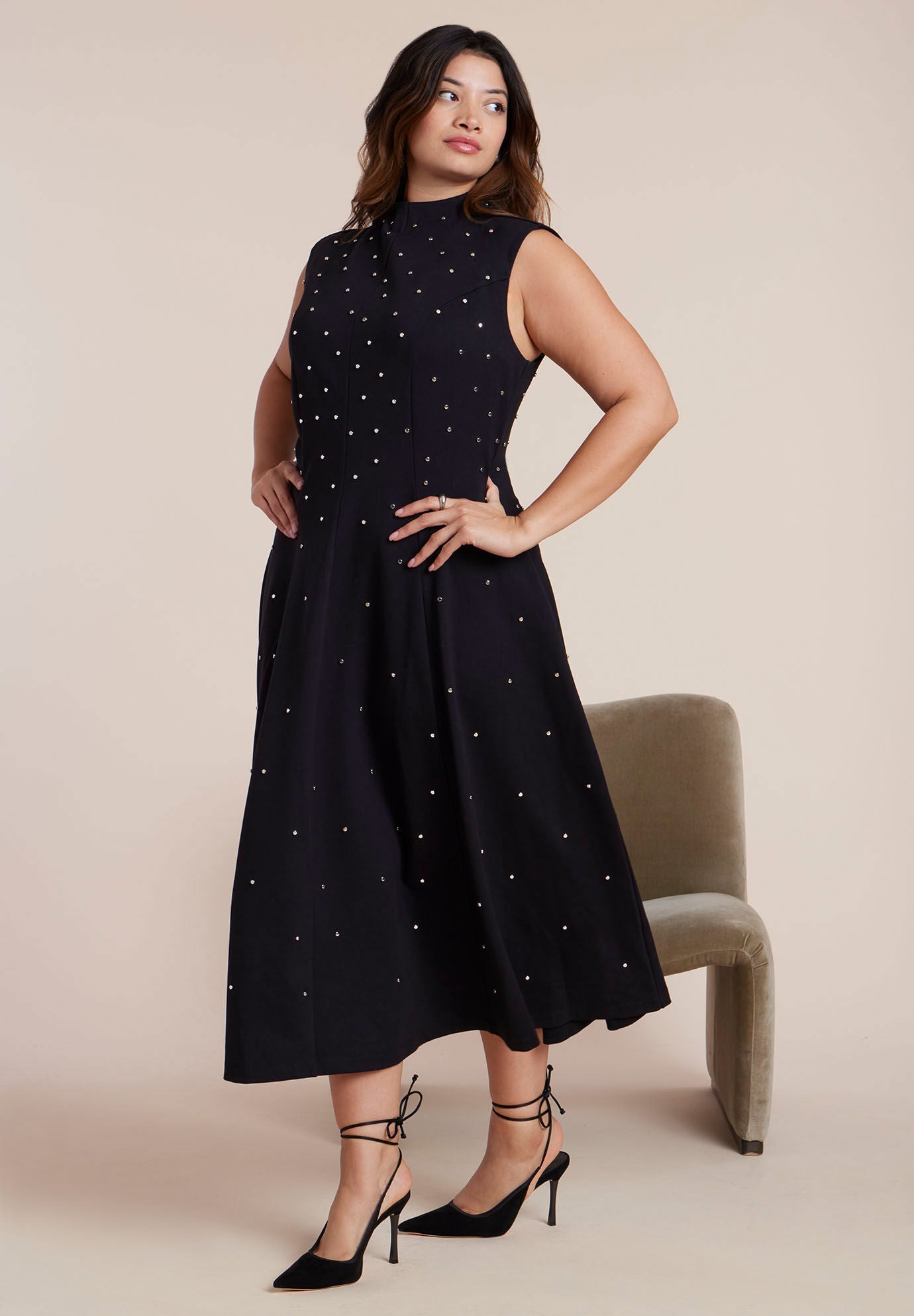 Stud Detail Ponte Midi Dress, BLACK ONYX, hi-res image number 0