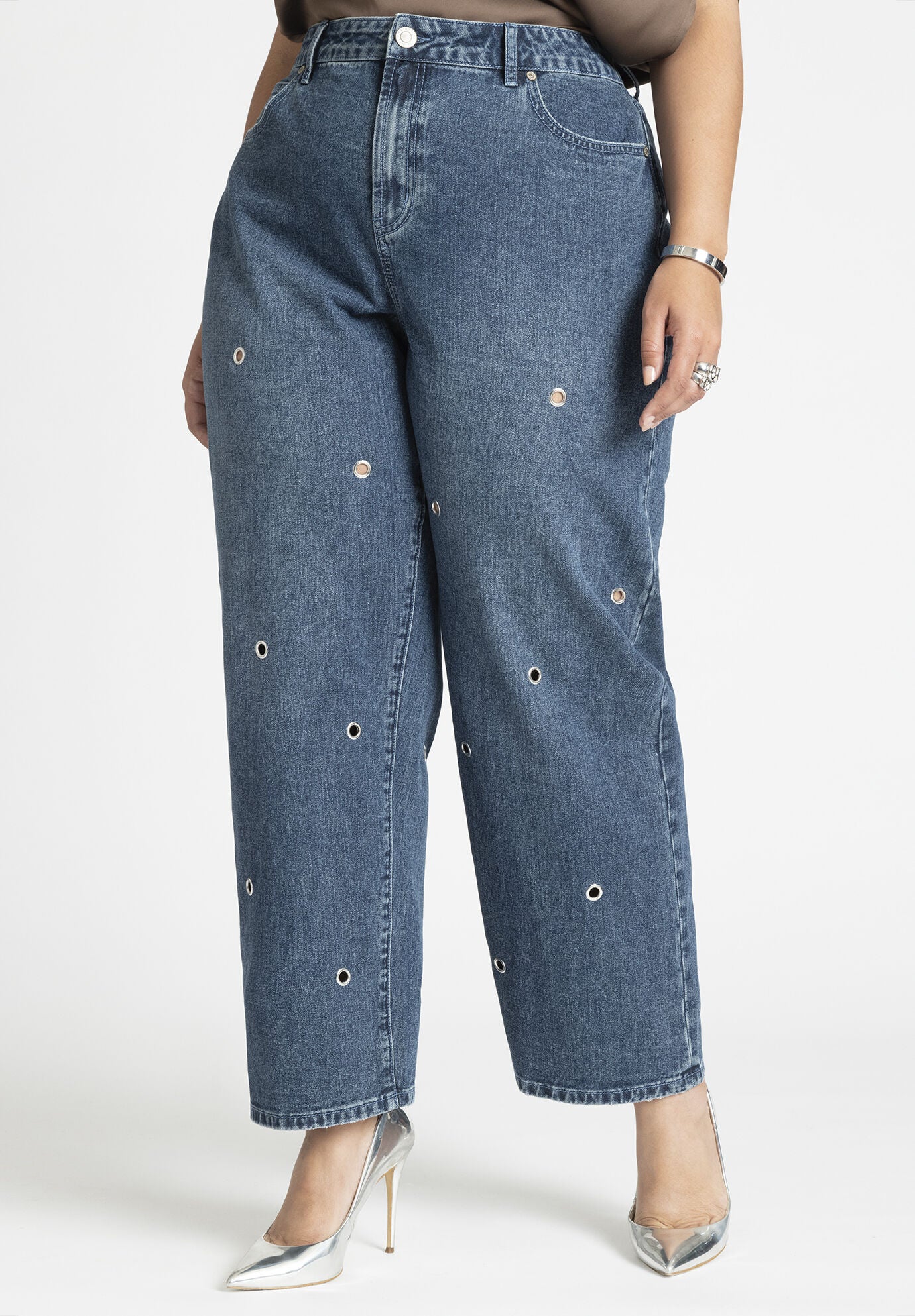 High Rise Loose Grommet Jeans with 5 Pockets, Medium Wash Eloquii