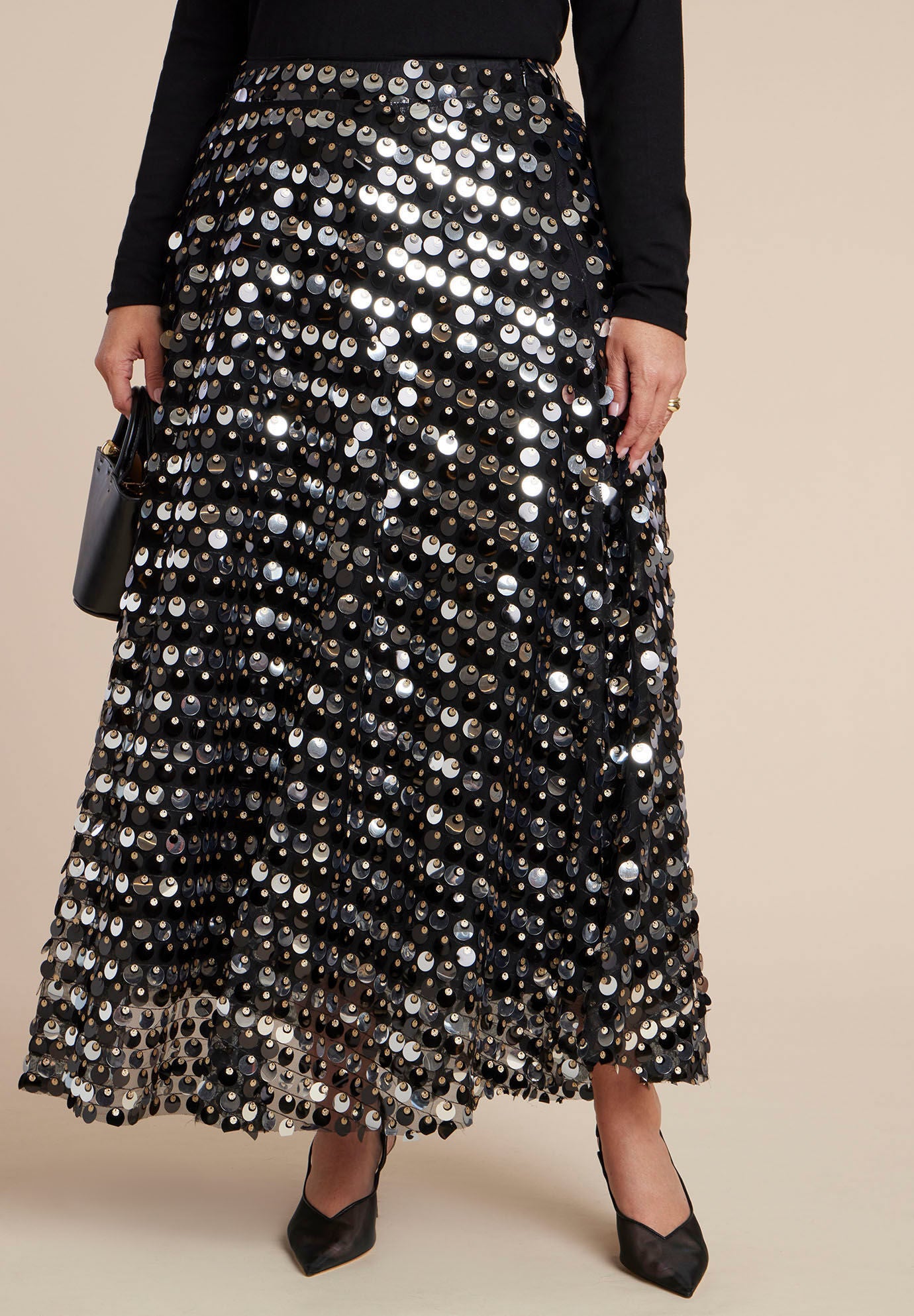 Sequin Paillette Full Skirt, BLACK AND GOLD, on-hover image number 1