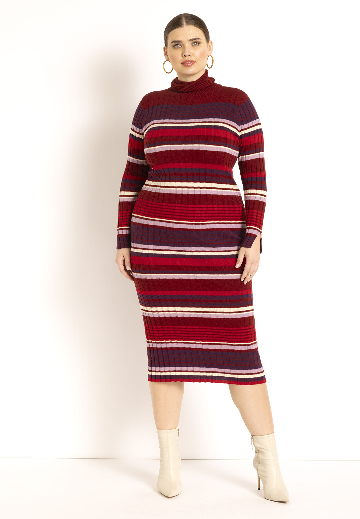 Plus Size Sweater Sheath Turtleneck Below the Knee Striped Print Sheath Dress
