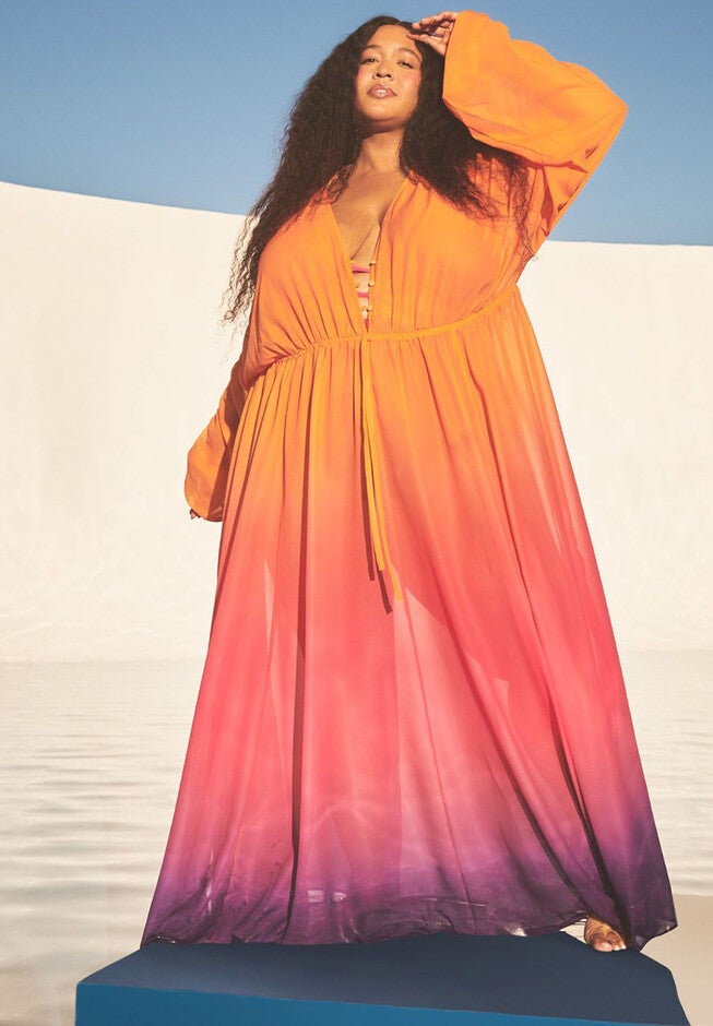 Gabi Fresh Swim x ELOQUII Dramatic Tie Front Coverup Dress, OMBRE SUNSET, hi-res image number null