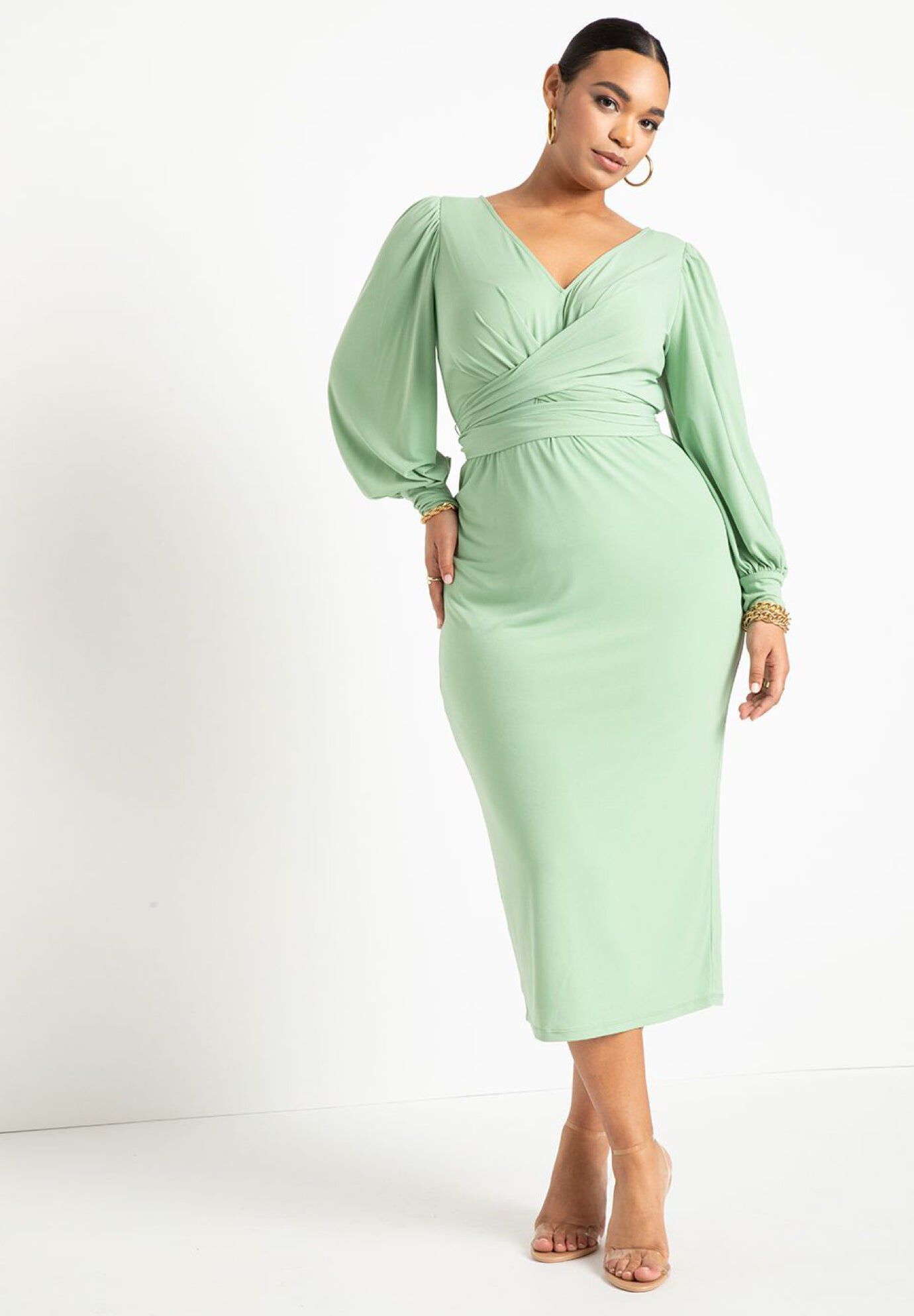 Cross Front Midi Dress - Close Fit Column Skirt, Basil | ELOQUII