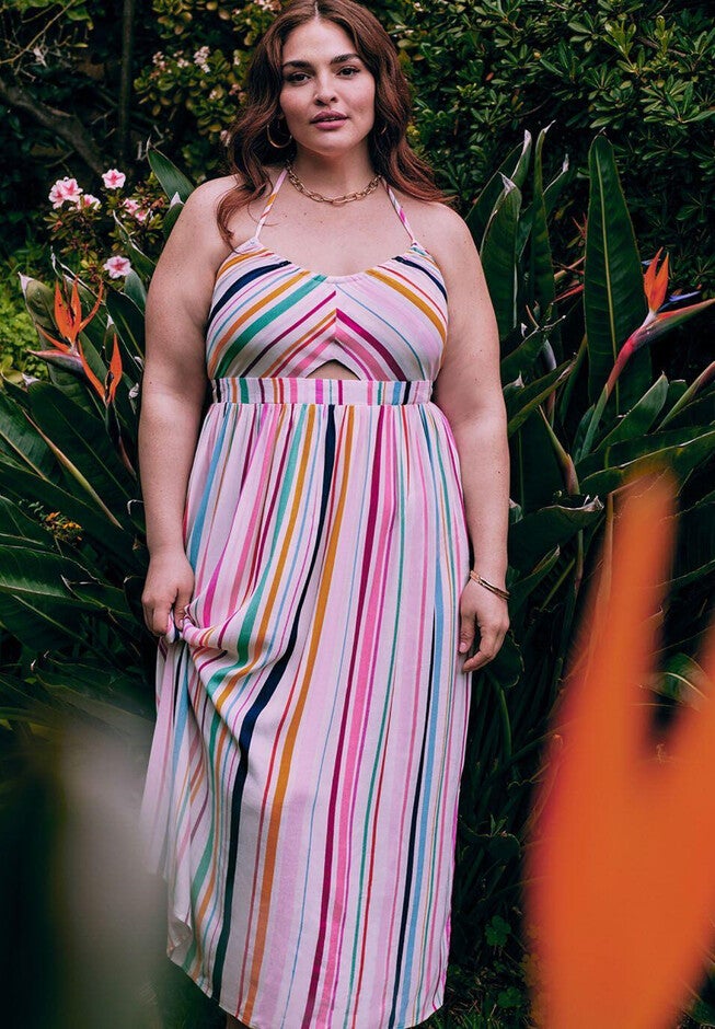 ELOQUII Elements Tie Neck Dress With Smocked Back, TASTE THE RAINBOW ST, hi-res image number null