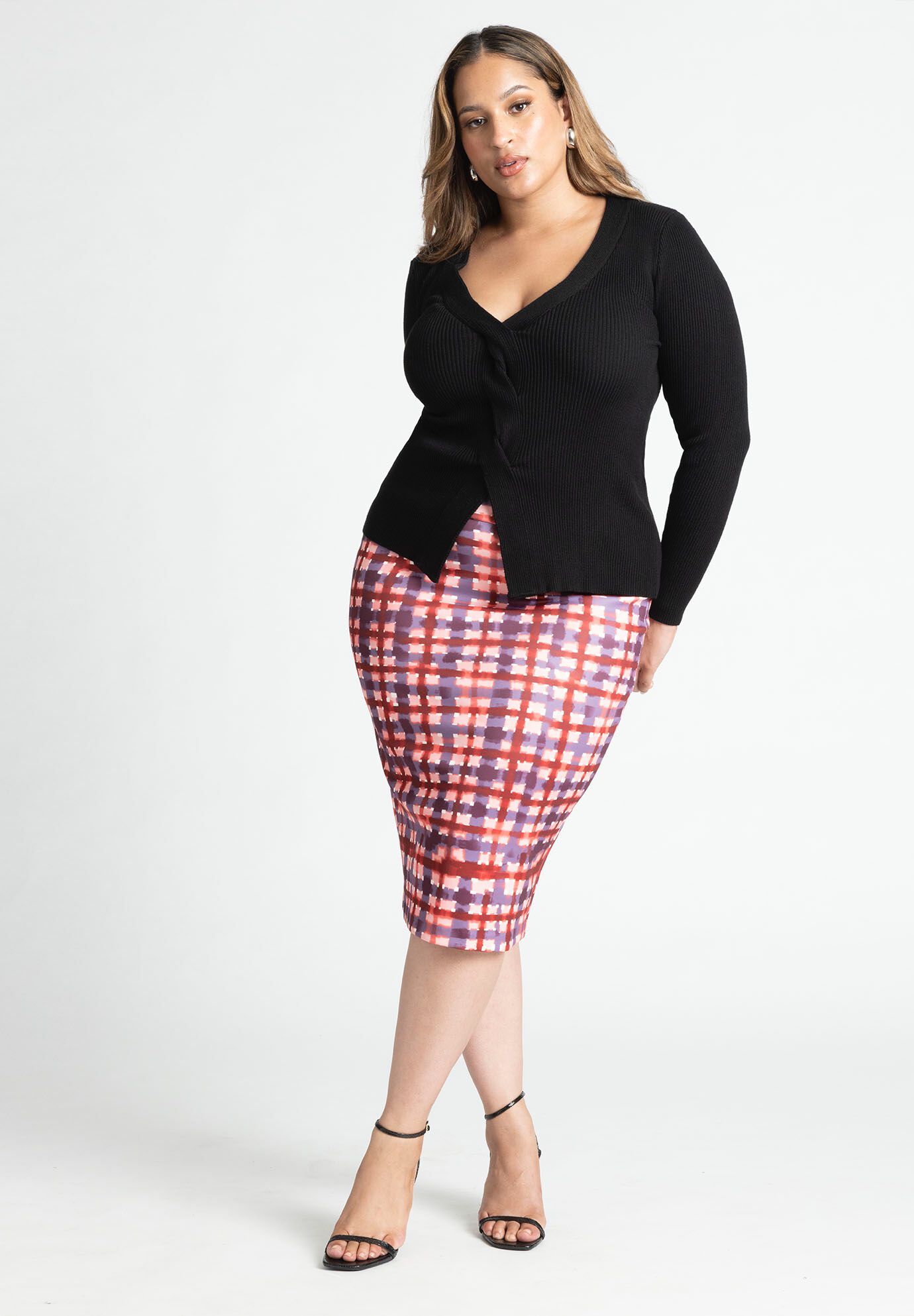 Plus size top pencil skirt plaid