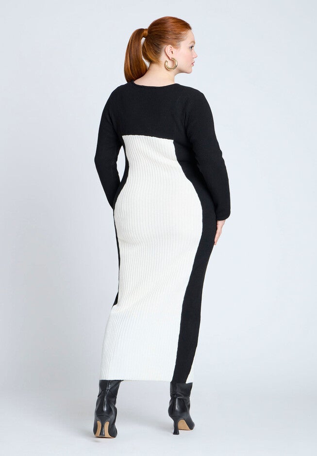 Midi Sweater Dress With Colorblocked, BLACK AND WHITE, on-hover image number null