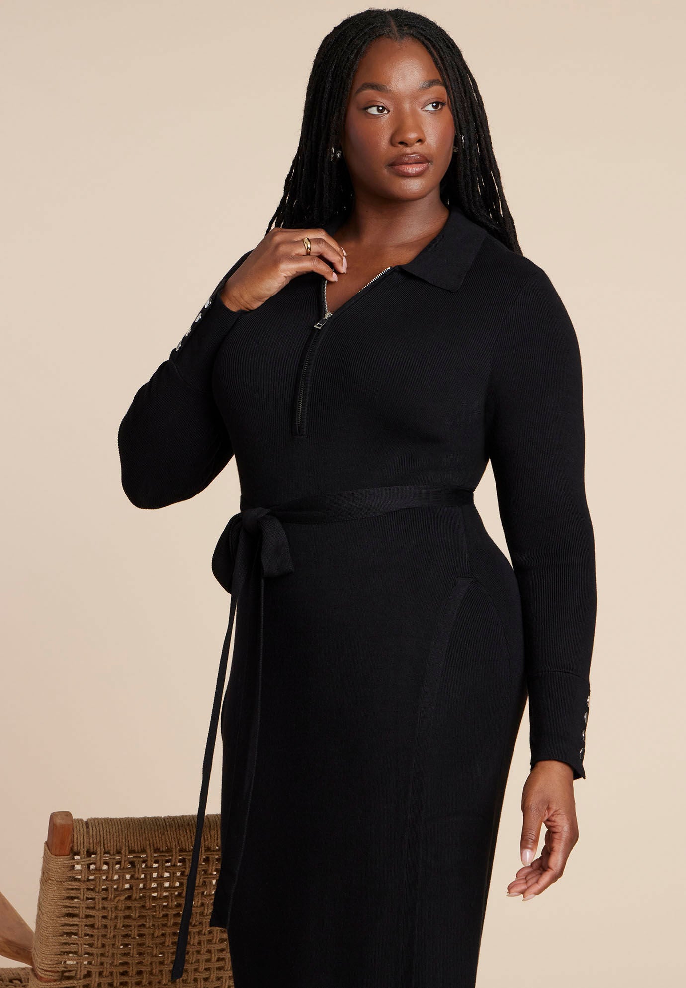 Zipper & Tie Sweater Dress, BLACK ONYX, on-hover image number 1