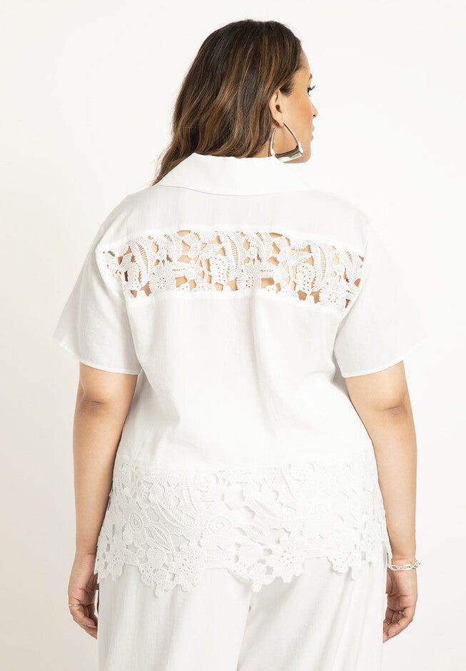 Lace Inset Short Sleeve Button Down, , on-hover image number null