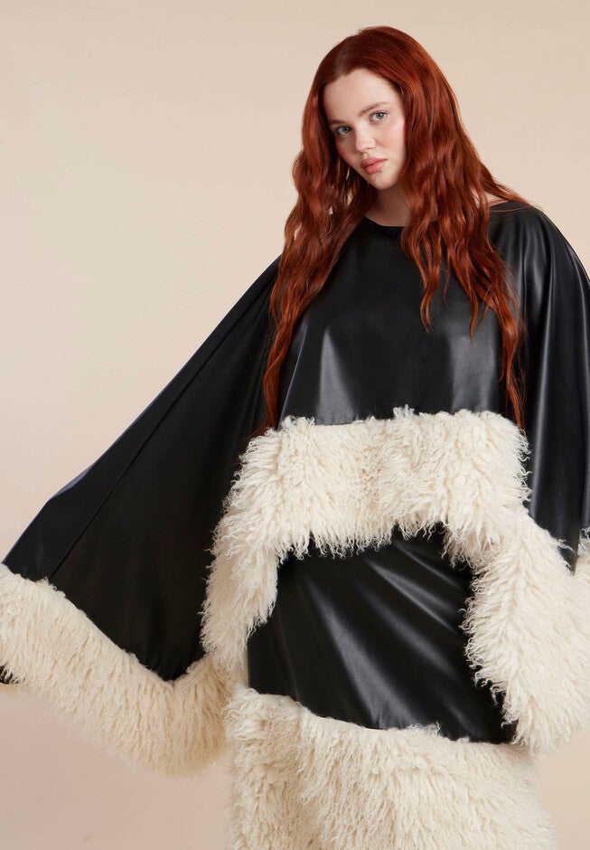 Faux Leather Cape With Faux Fur Trim, BLACK AND CREAM, on-hover image number 1
