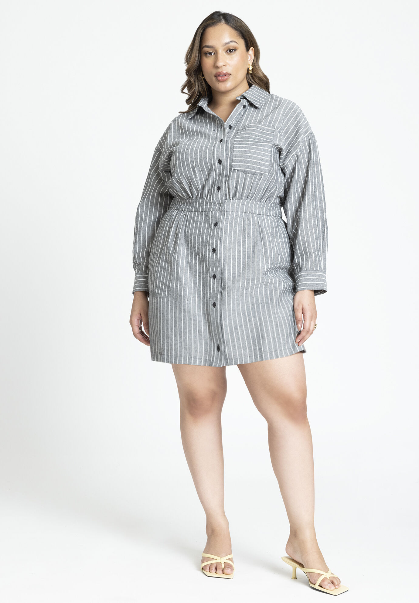 Plus Size Above the Knee Striped Print Collared Pocketed Darts Back Yoke Long Sleeves Dropped Shoulder Elasticized Waistline Romper