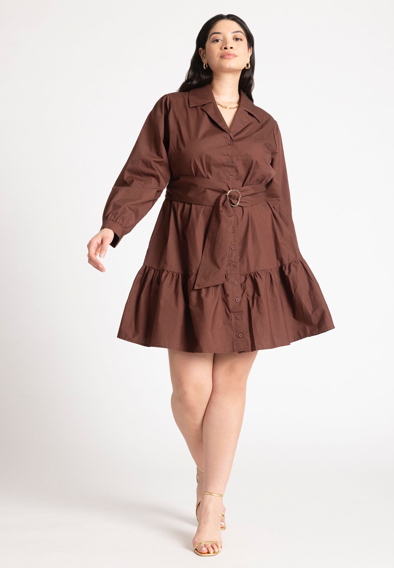Plus Size Puff Sleeves Sleeves Dropped Shoulder Short Belted Shirt Dress