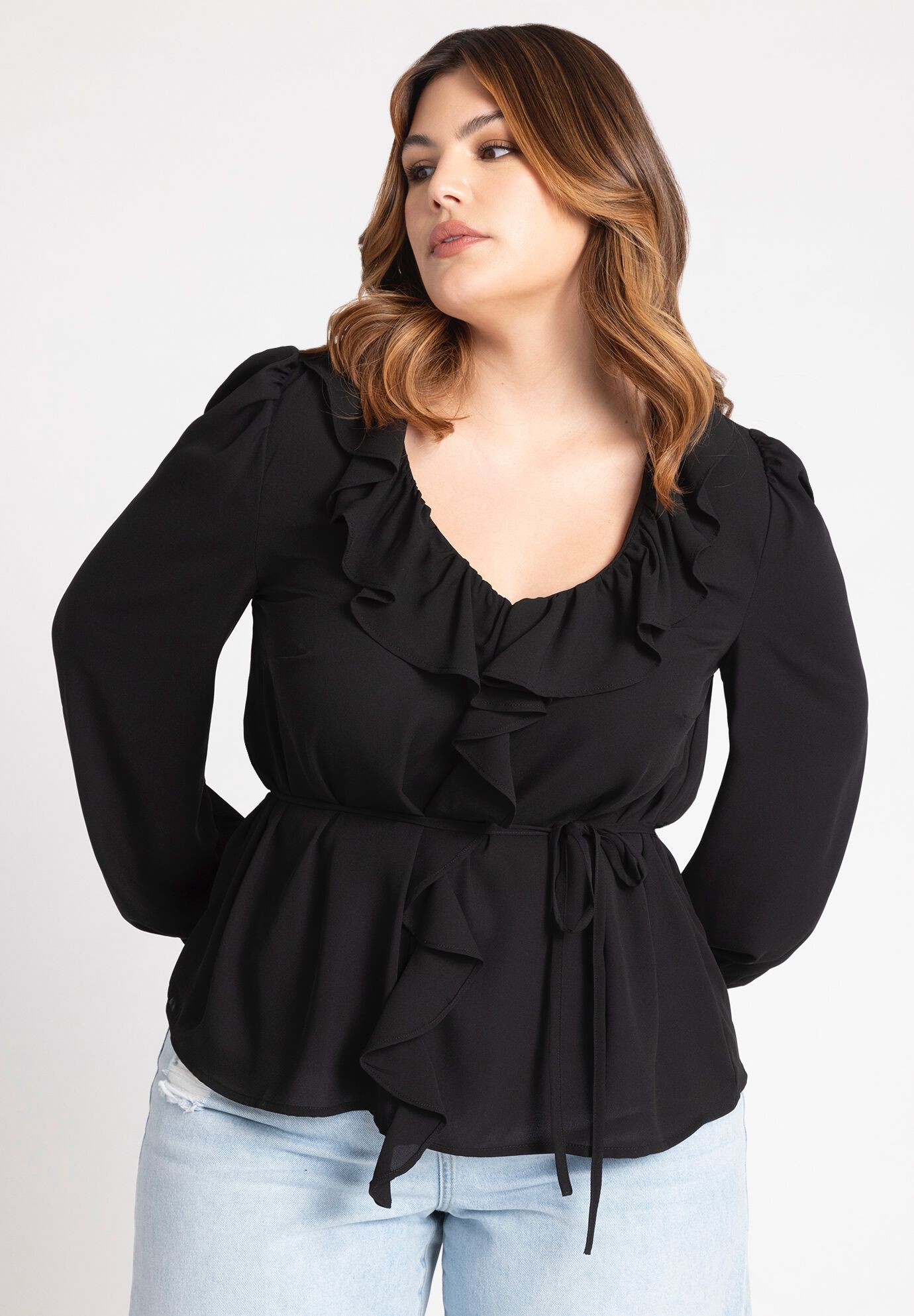 Ruffle Trim V-Neck Button Down Blouse main image 1