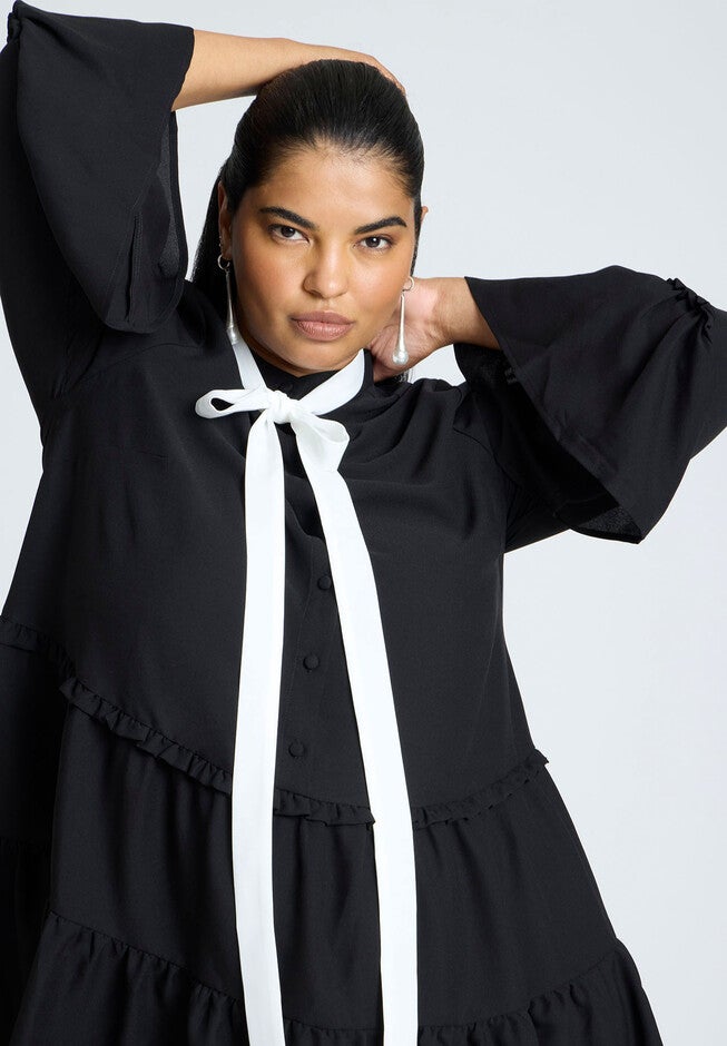 Bow Tie Tiered Mini Dress, BLACK ONYX, alternate image number null