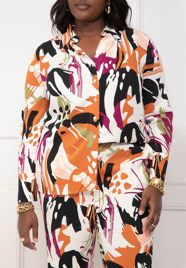 ELOQUII Elements Long Line Printed Button Down Blouse, , on-hover image number null