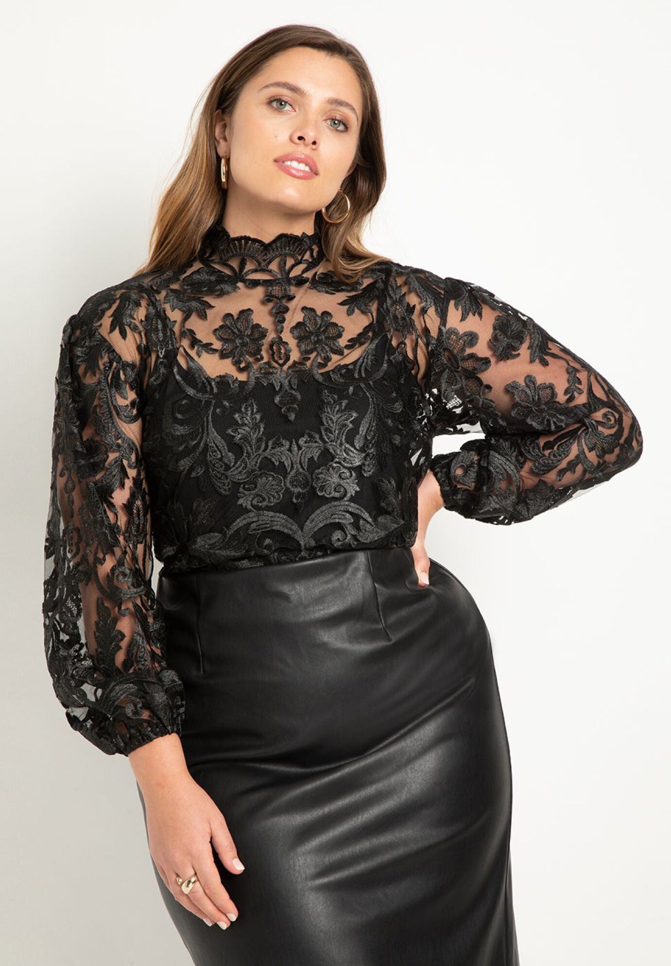 Lace Blouse with Mock Neck Comfort Fit Totally Black Eloquii