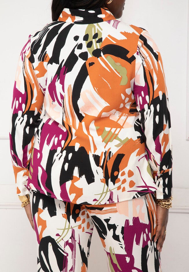ELOQUII Elements Long Line Printed Button Down Blouse, , alternate image number null