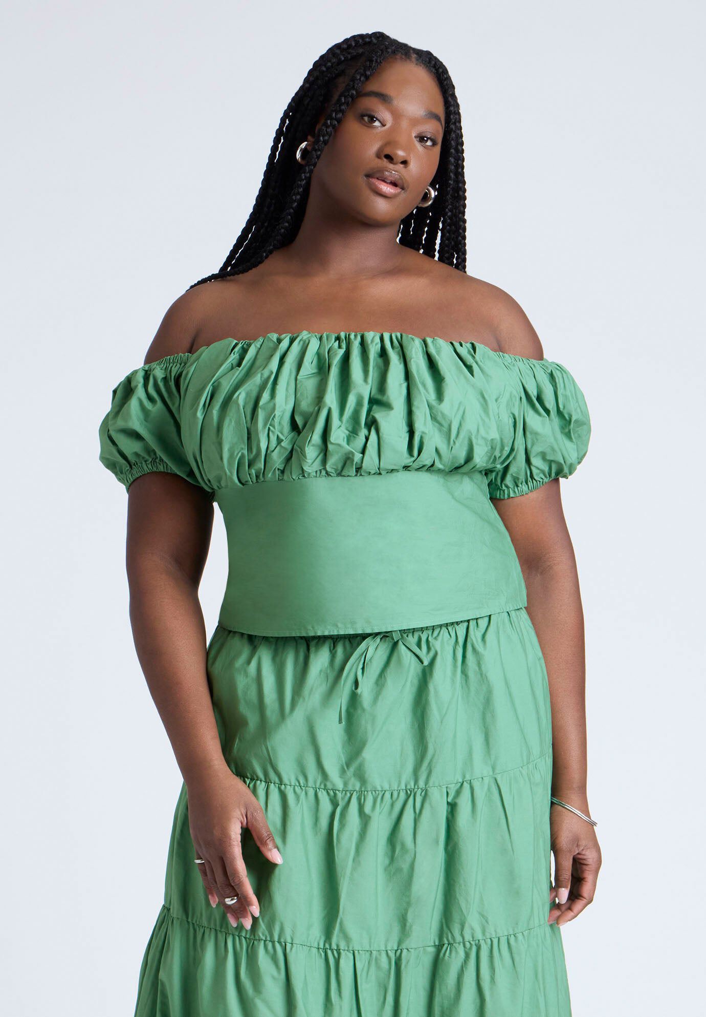 Shirred Maiden Top - Fitted Cotton Blouse, Deep Grass Green