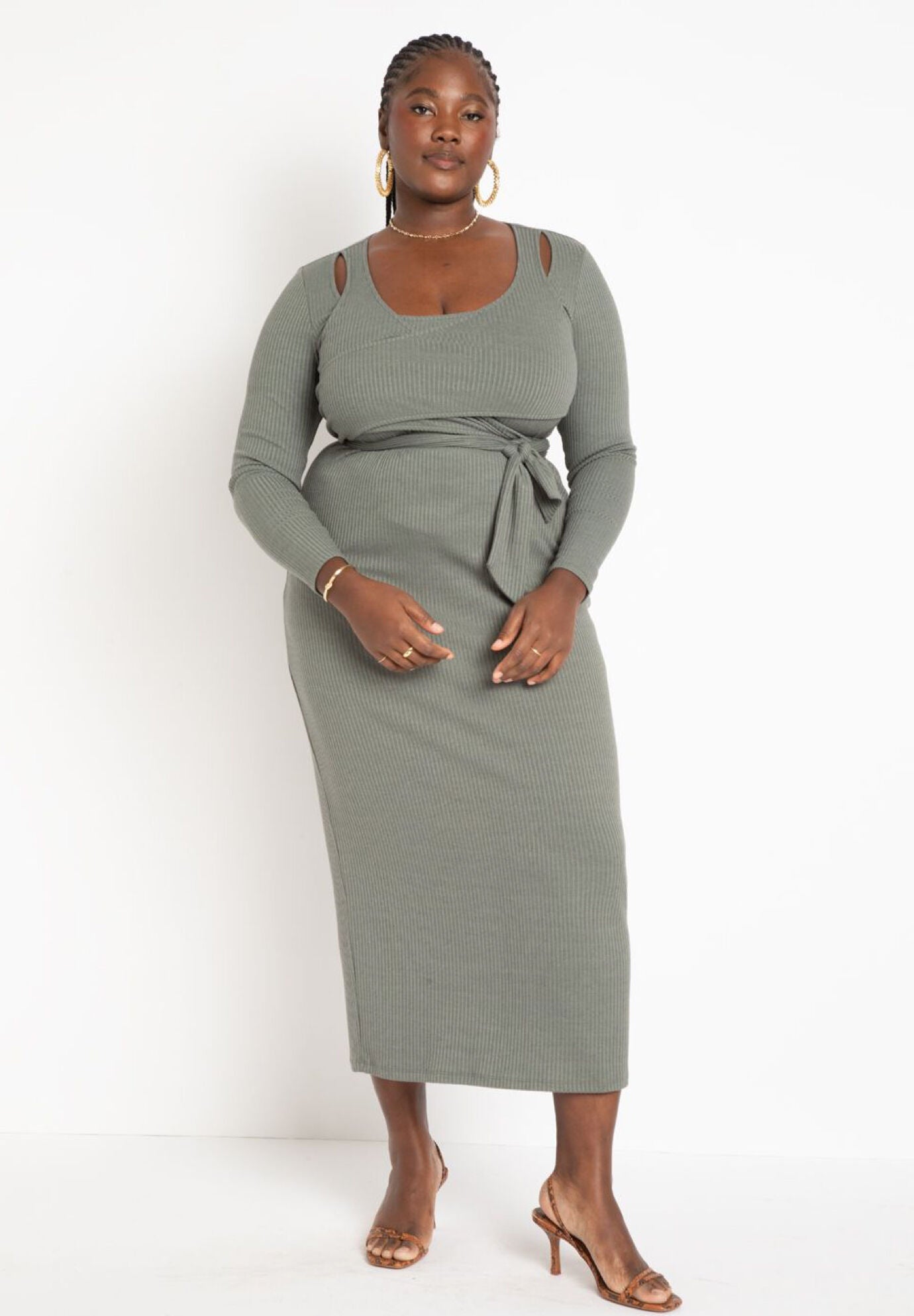 Layered Detail Rib Maxi Dress at Ankle Length Agave Green Eloquii