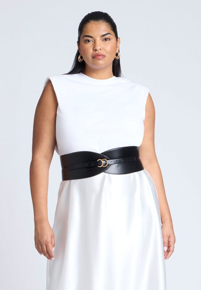 V Shape Wide Waist Belt, BLACK, hi-res image number 0