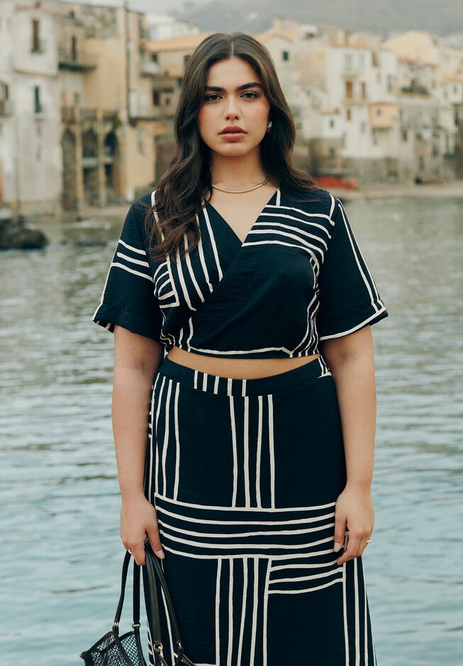Printed Wrap Top, STRIPE REMIX, hi-res image number null