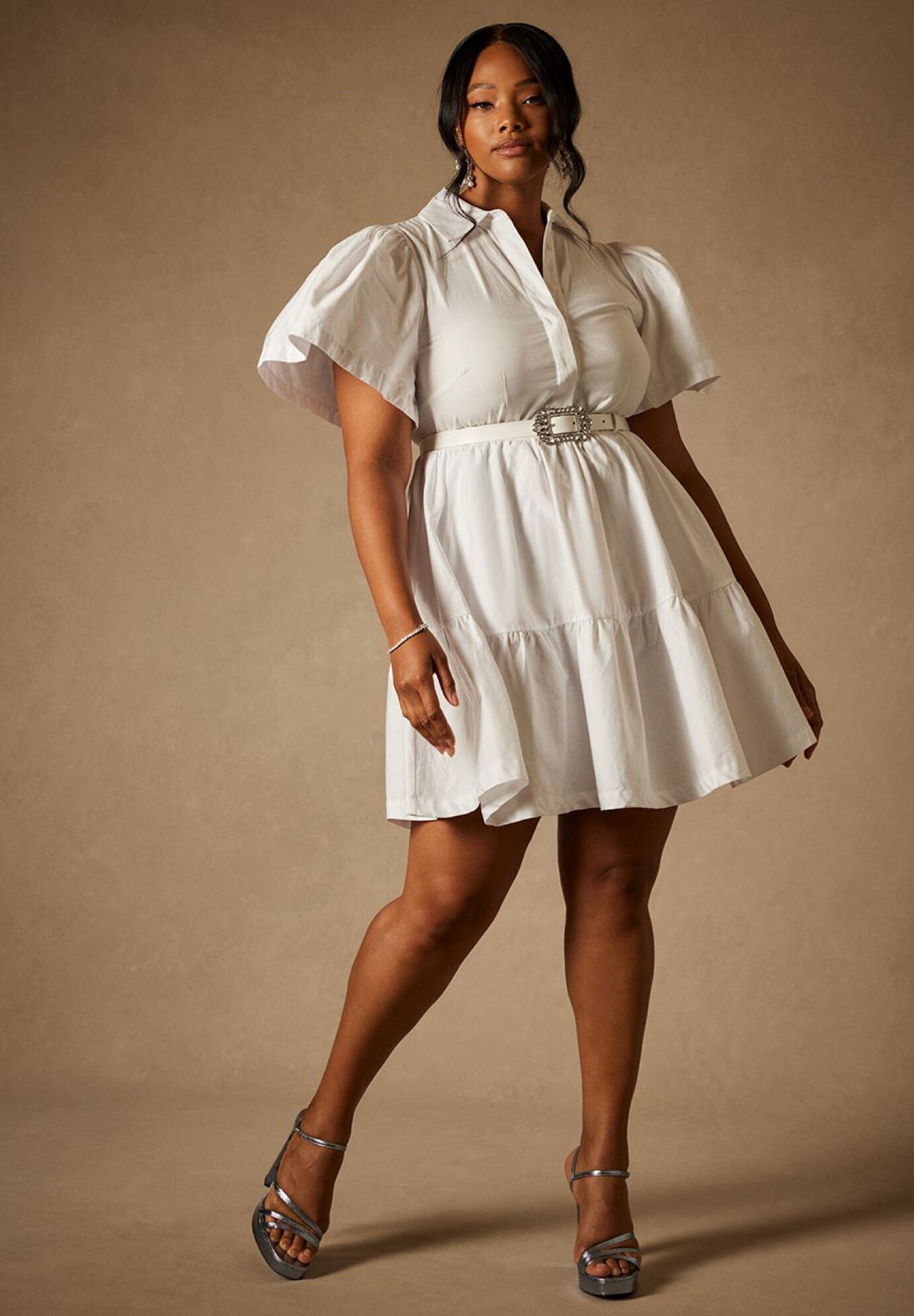 Plus Size Short Full-Skirt Poplin Puff Sleeves Sleeves Fitted Tiered Wedding Dress With Ruffles