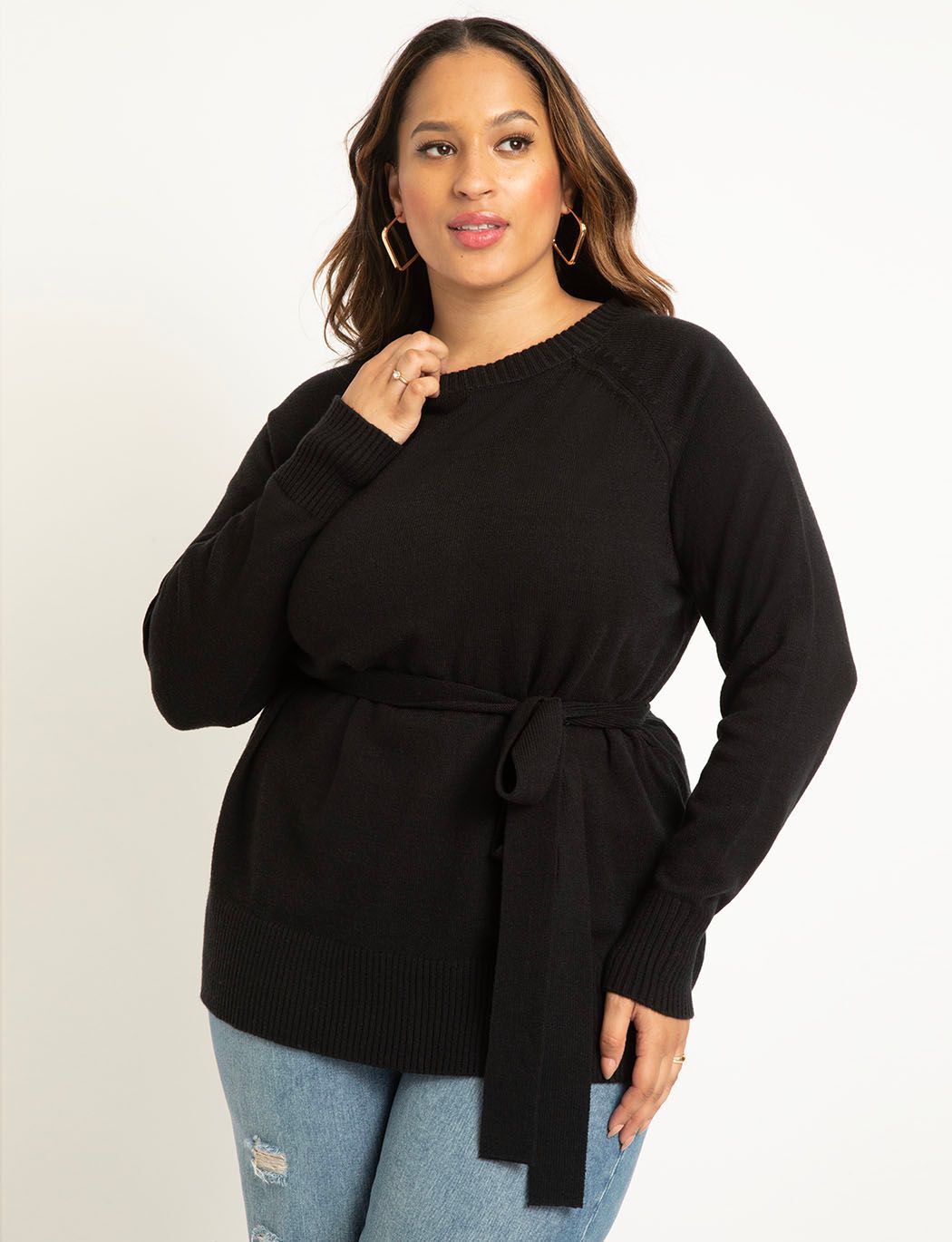 Plus Size Crew Neck Raglan Sleeves Fitted Belted Ribbed Sweater Tunic