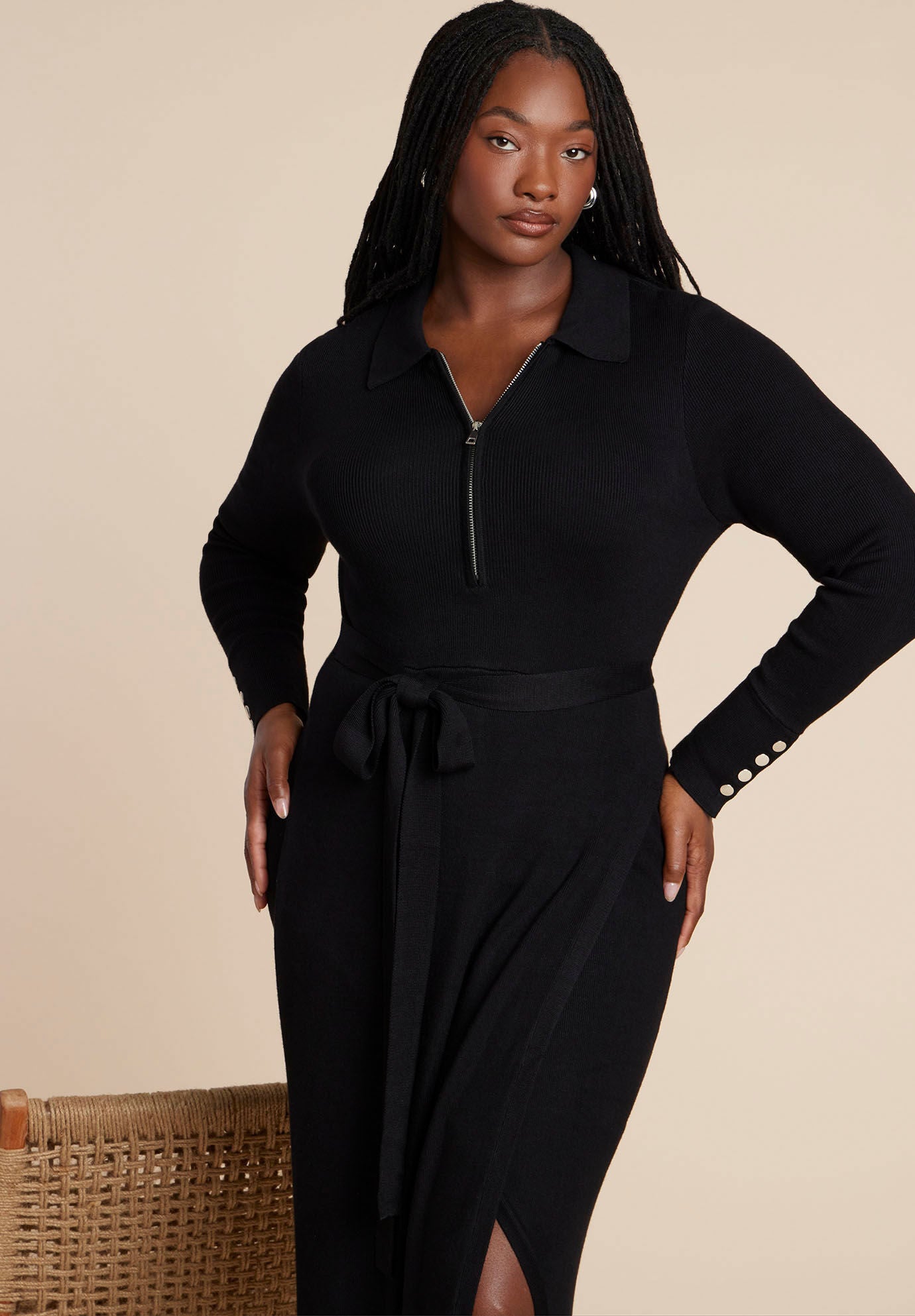 Zipper & Tie Sweater Dress, BLACK ONYX, alternate image number 2